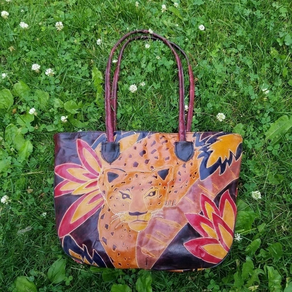 Vintage 1980’s 80s Leather Leopard Applique Stitched Hand Dyed Tote Bag Purse